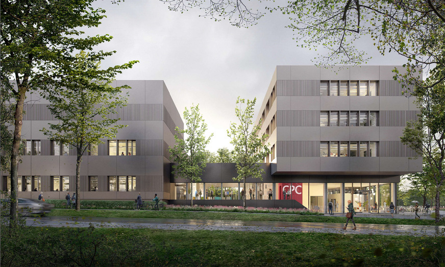 Entwurfsansicht des geplantes Forschungsneubaus am Braunschweiger Forschungsflughafen: Center for Circular Production of Next Batteries and Fuel Cells (CPC)