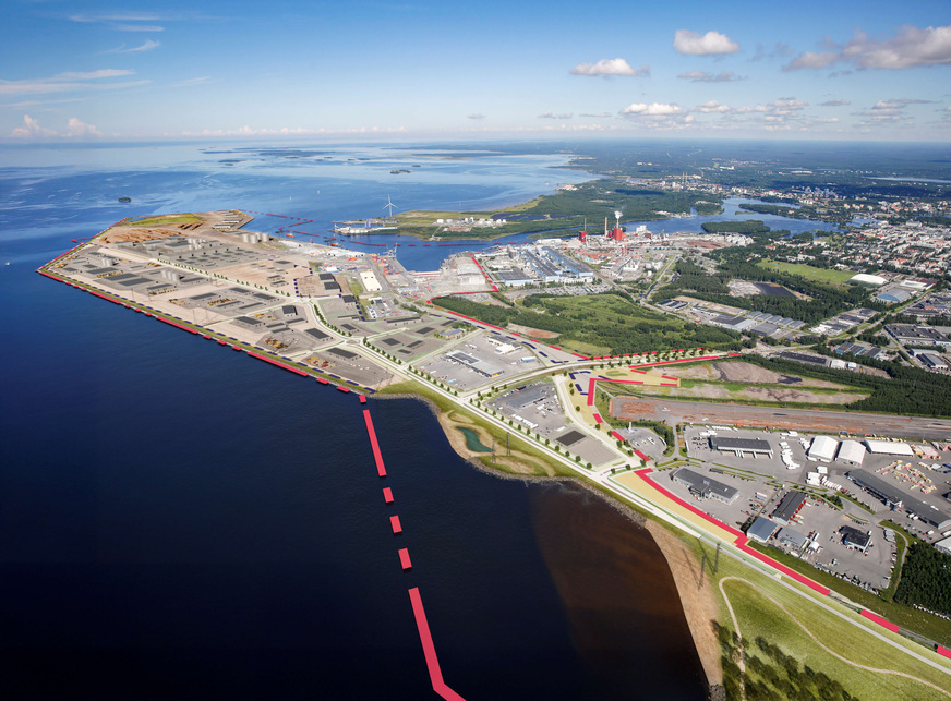 Die Stadt Oulu entwickelt in ihrem Hafen ein mehrere hundert Hektar großes Wasserstoff-Industriegebiet. Die Abbildung zeigt die erste Phase des dreistufigen Projekts, dessen Fertigstellung für 2030 geplant ist.&nbsp;