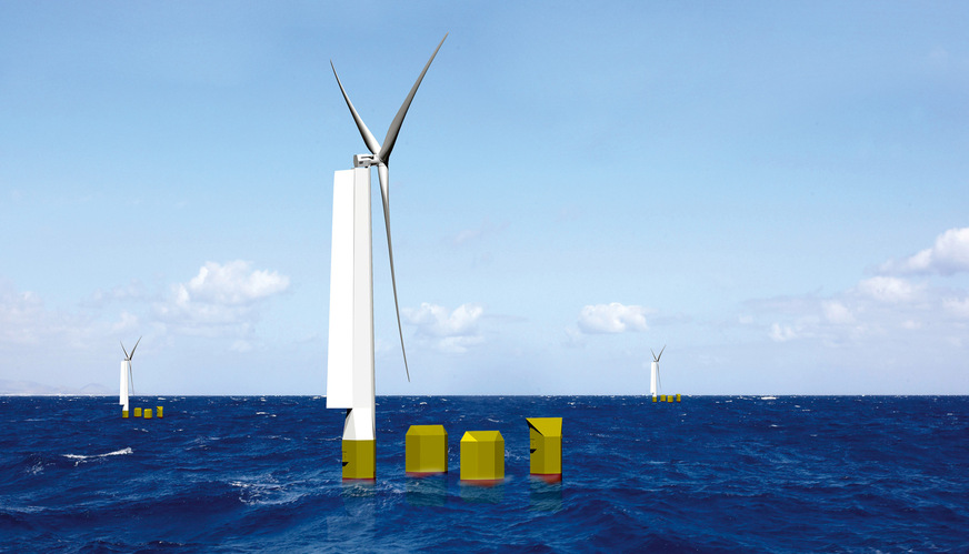 So könnte ein Offshore-­Wasserstoff-Park aussehen. Die WEA ist unter Wasser mit einer Entsalzungsanlage, einem Elektrolyseur und einem LOHC-Container verbunden.