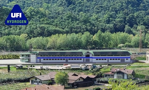 Hauptsitz von UFI HYDROGEN, Serravalle, Trentino, Fotomontage, Originalfoto folgt 2025