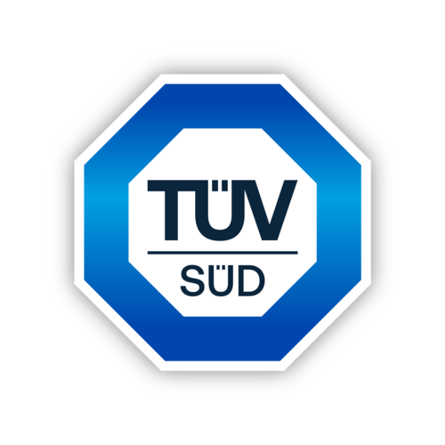 TÜV SÜD-Logo mit fettgedrucktem Text innerhalb eines blauen achteckigen Rahmens auf weißem Hintergrund. - © TÜV SÜD
