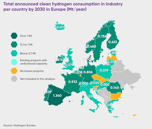 Wasserstoffverbrauch nach EU-Ländern – Landkarte