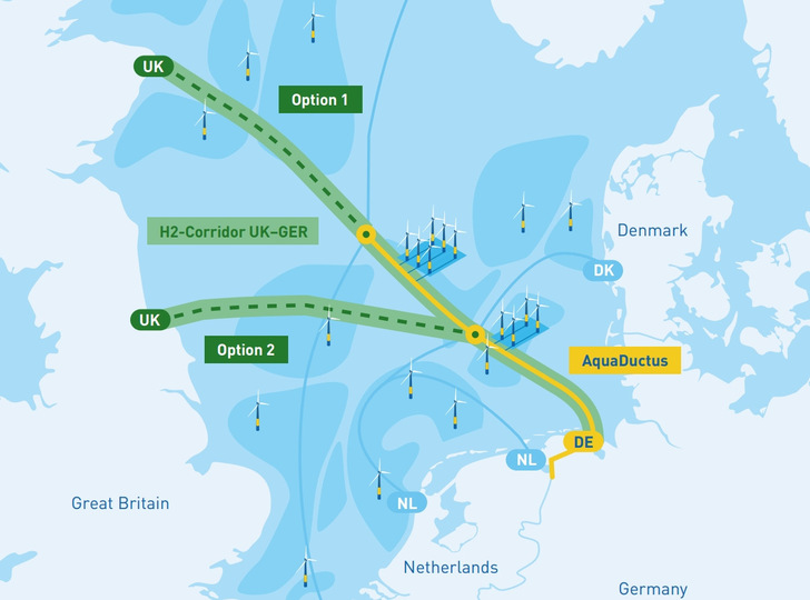 Die Wasserstoff-Pipeline soll Offshore-Windparks in der Nordsee, Deutschland und Großbritannien miteinander verbinden. - © Gacade