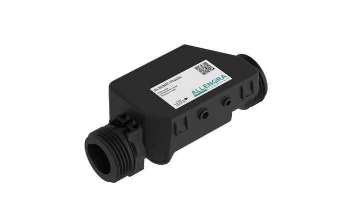 Gerne, hier ist ein optimierter, themenrelevanter Alt-Text für Ihre Zielgruppe: „Elektronischer Durchflusssensor von Allengra mit Gewindeanschlüssen zur präzisen Überwachung und Steuerung des Kältemittelstroms in kälte- und klimatechnischen Anlagen.“. - © Allengra