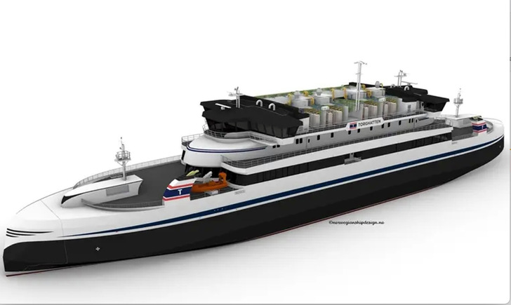 Visualization of a planned hydrogen ferry with 32 fuel cells on the upper deck.