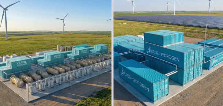 Left: Electrolyser array in a large-scale plant; right: fully container-mounted electrolysis system. 