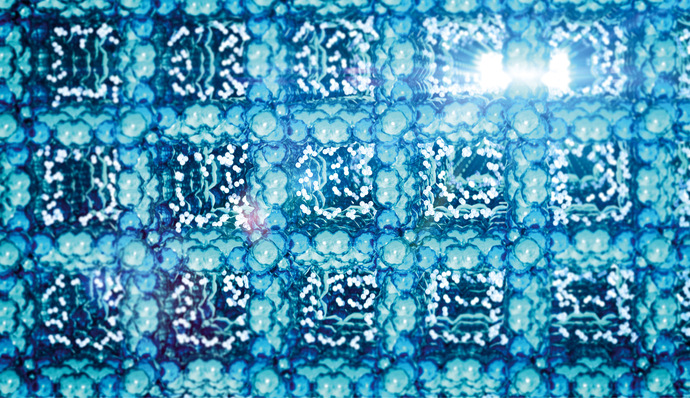 Animierte Darstellung eines retikulären Materials, das Wasserstoff (türkis) speichert.