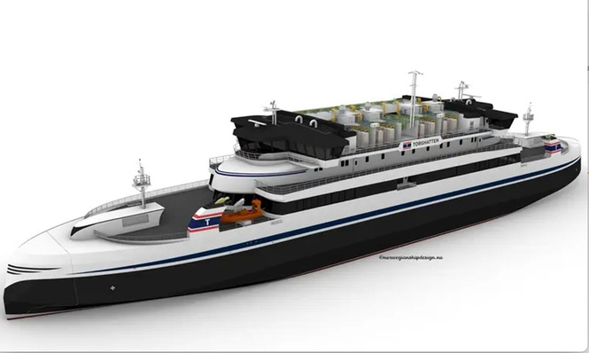 Visualization of a planned hydrogen ferry with 32 fuel cells on the upper deck.