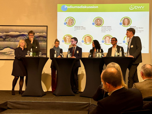 V.l.n.r. Friederike Lassen (DWV-Vorstand), Michael Kellner (Bündnis 90/Die Grünen, MdB), Dr. Alexandra von Bernstorff (Luxcara), Dr. Tobias Bischof-Niemz (Enertrag), Elisabeth Winkelmeier-Becker (CDU, MdB), Dr. Jürgen Guldner (BMW) und Dr.-Ing. Alexander Redenius (Salzgitter Mannesmann Forschung). 