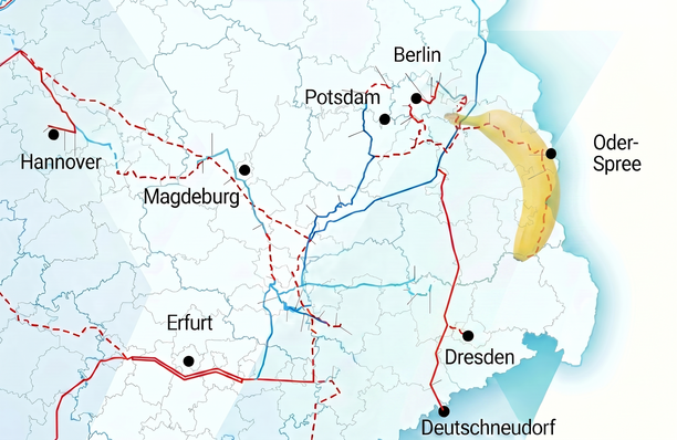 Die Leitung in die Lausitz trägt den Spitznamen Wasserstoffbanane. Diese Illustration wurde auf Basis des Netzentwicklungsplanes mit KI erstellt und kann Ungenauigkeiten enthalten. 