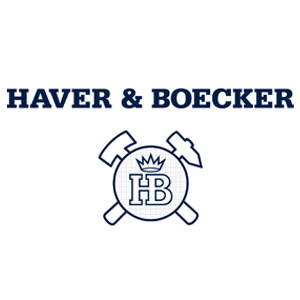 Das Logo von Haver & Boecker mit einem gekreuzten Hammer und einer Spitzhacke hinter einem Kreis mit "HB" und einer Krone. HAVER & BOECKER OHG