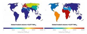 Import- (l.) und Exportvolumina von erneuerbaren wasserstoffbasierten Energieträgern 2050, © dena & LUT/Global Alliance Powerfuels
